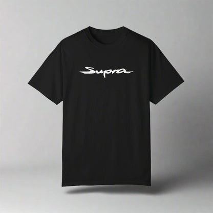 Black Toyota Supra T-Shirt with white text. JDM car apparel