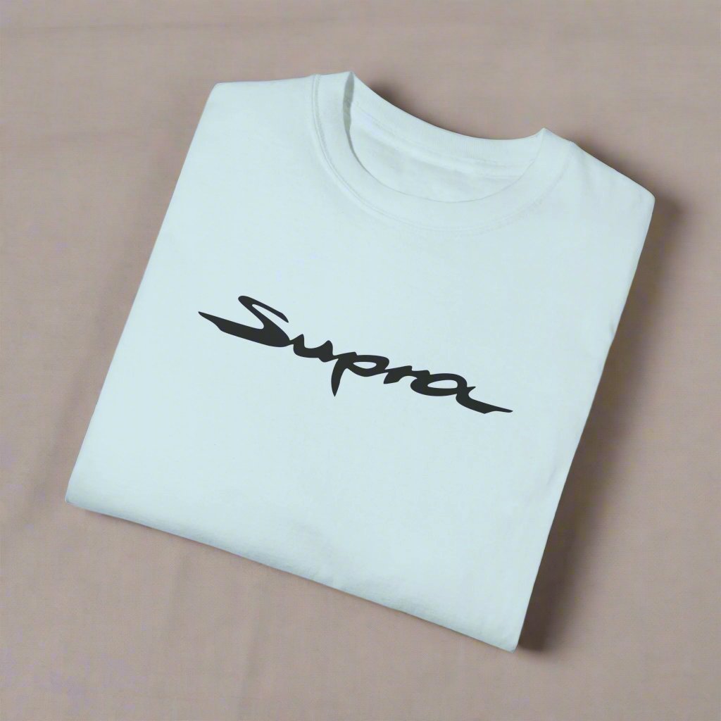 Chambray Toyota Supra T-Shirt with black text, folded. JDM Enthusiast