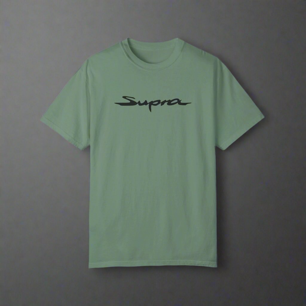 Green Toyota Supra T-Shirt with black text. Apparel for Toyota Supra Enthusiasts