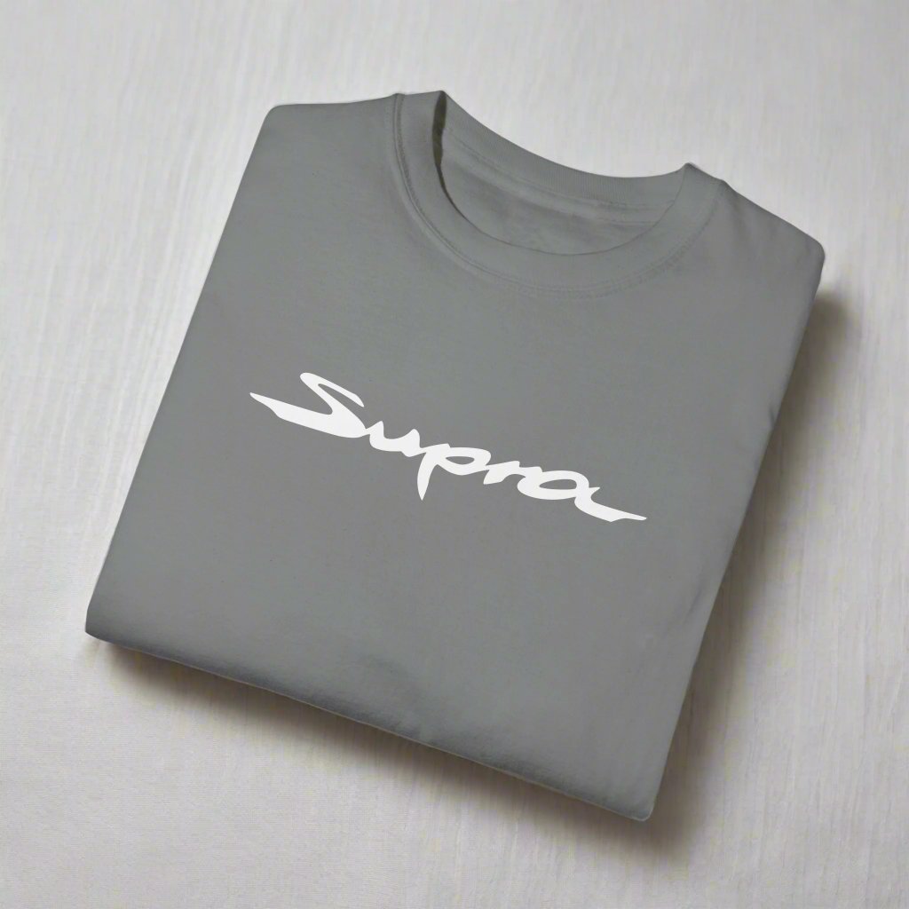 Grey Toyota Supra T-Shirt with white text, folded. Gear for Toyota Supra Lovers
