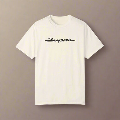 Ivory Toyota Supra T-Shirt with black text. Apparel for JDM Fans