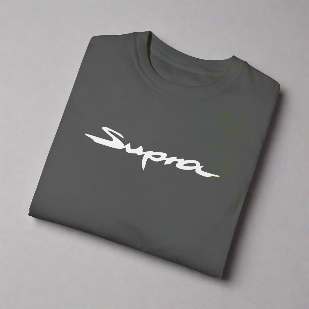 Pepper Toyota Supra T-Shirt with white text, folded. Toyota Supra Graphic Tee