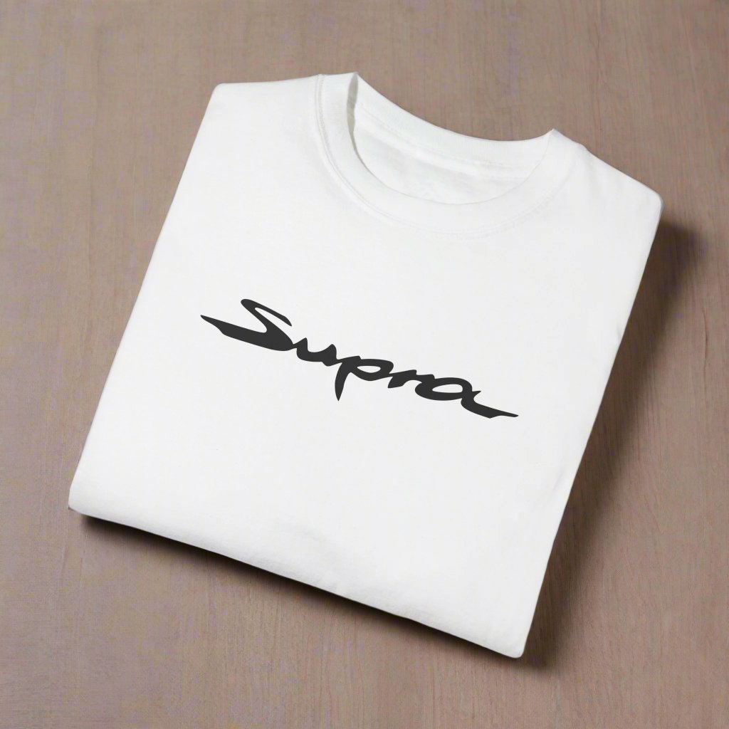 White Toyota Supra T-Shirt with black text, folded. Japanese sports car shirt