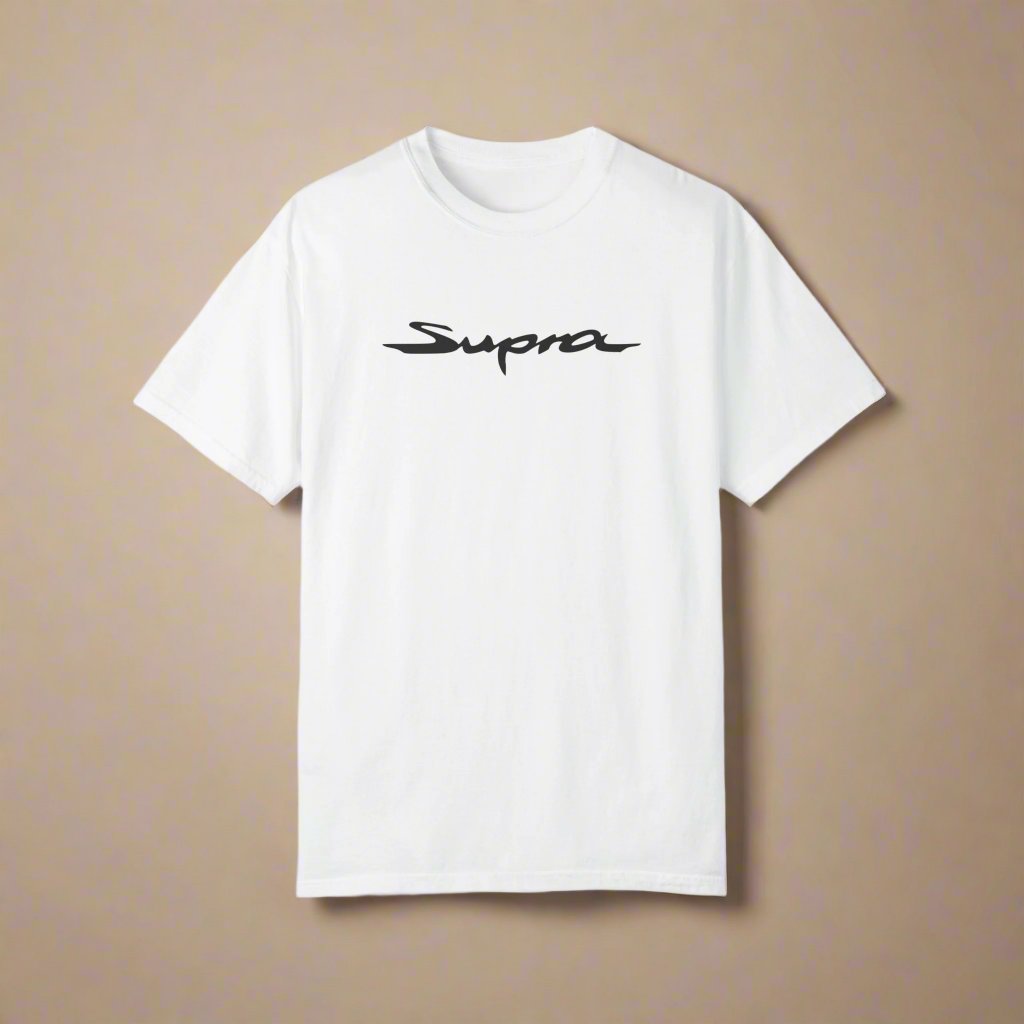 White Toyota Supra T-Shirt with black text. JDM Apparel