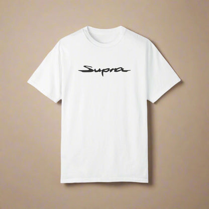 White Toyota Supra T-Shirt with black text. JDM Apparel