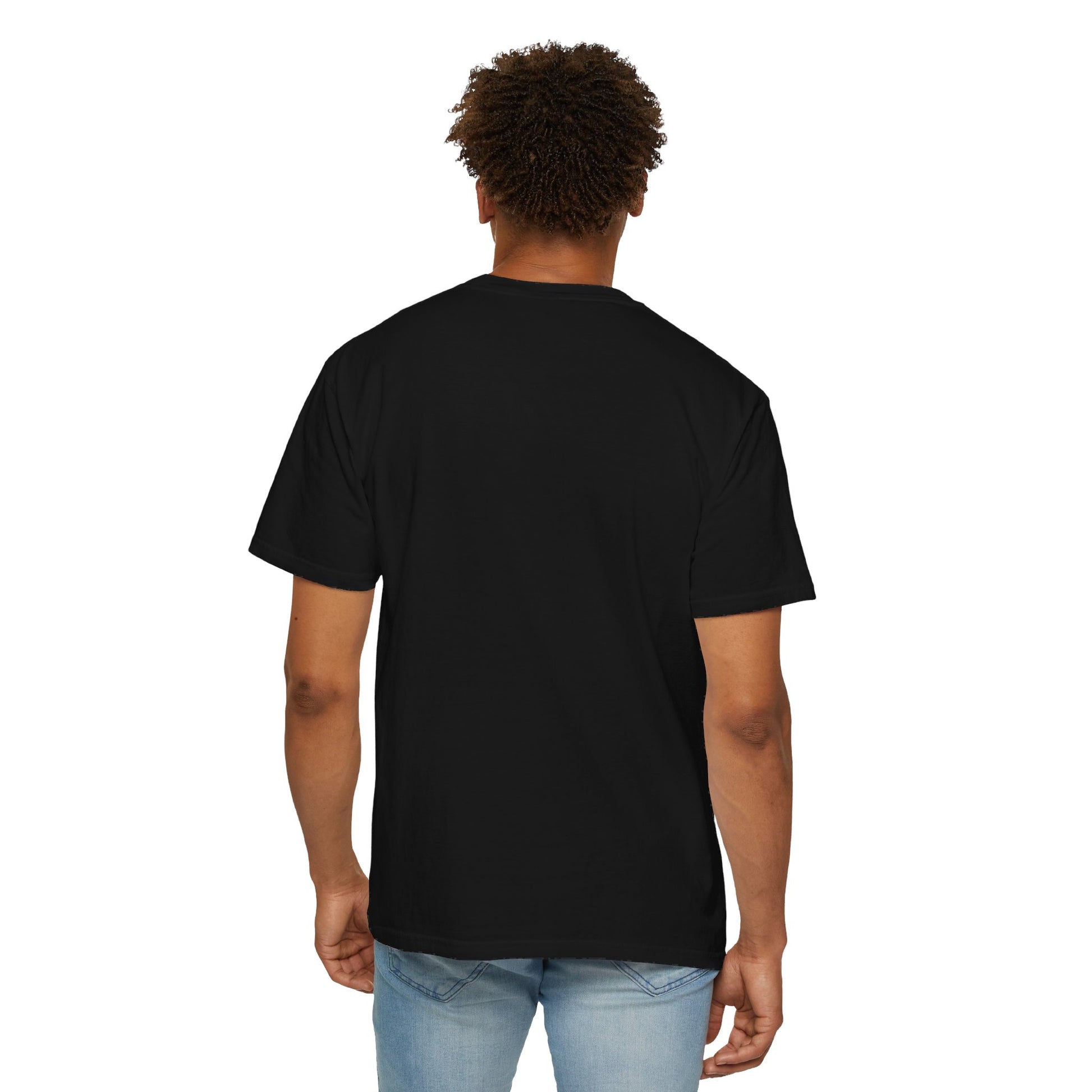 Rear facing model wearing Track Day Black T-shirt