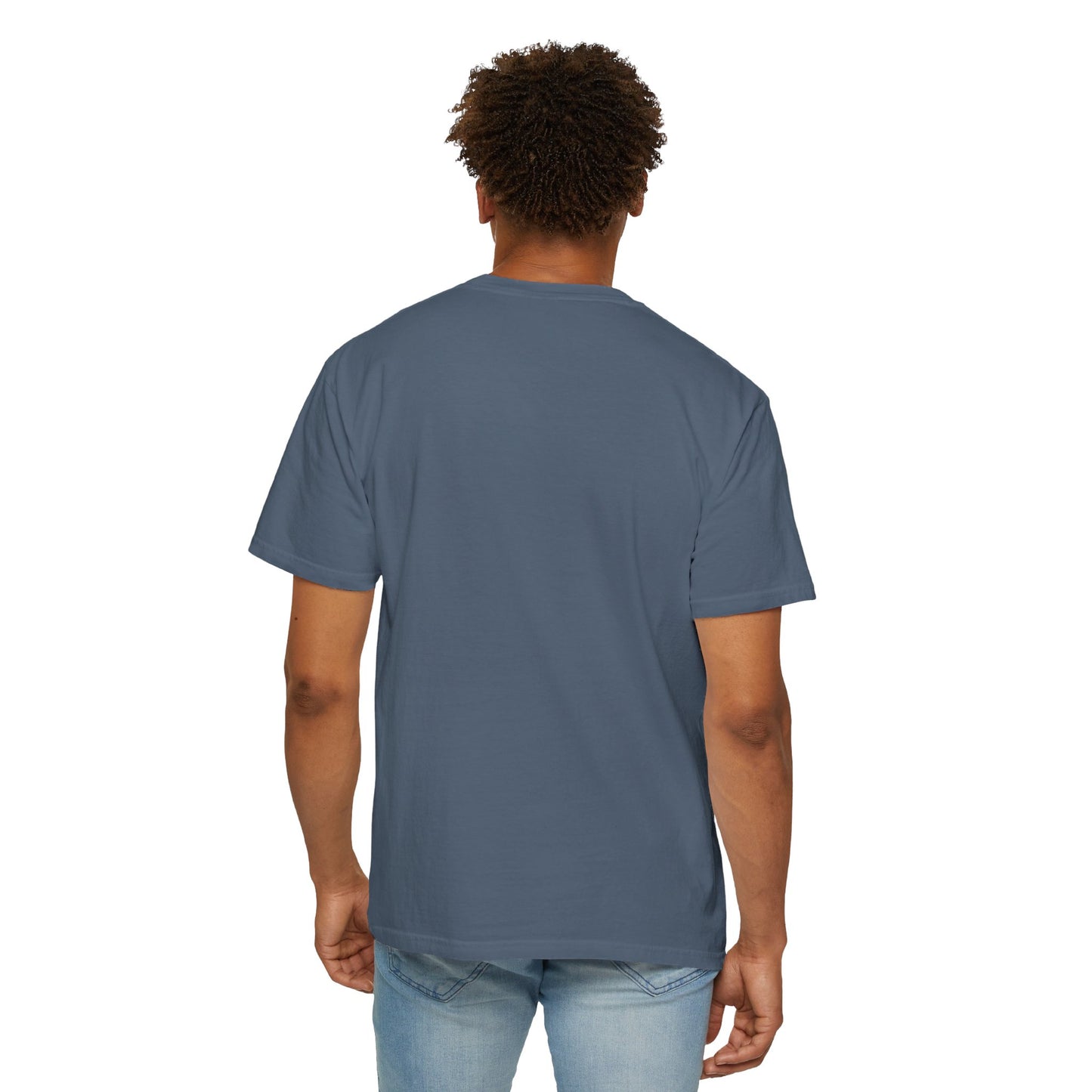 Rear facing model wearing Track Day Blue Jean T-shirt