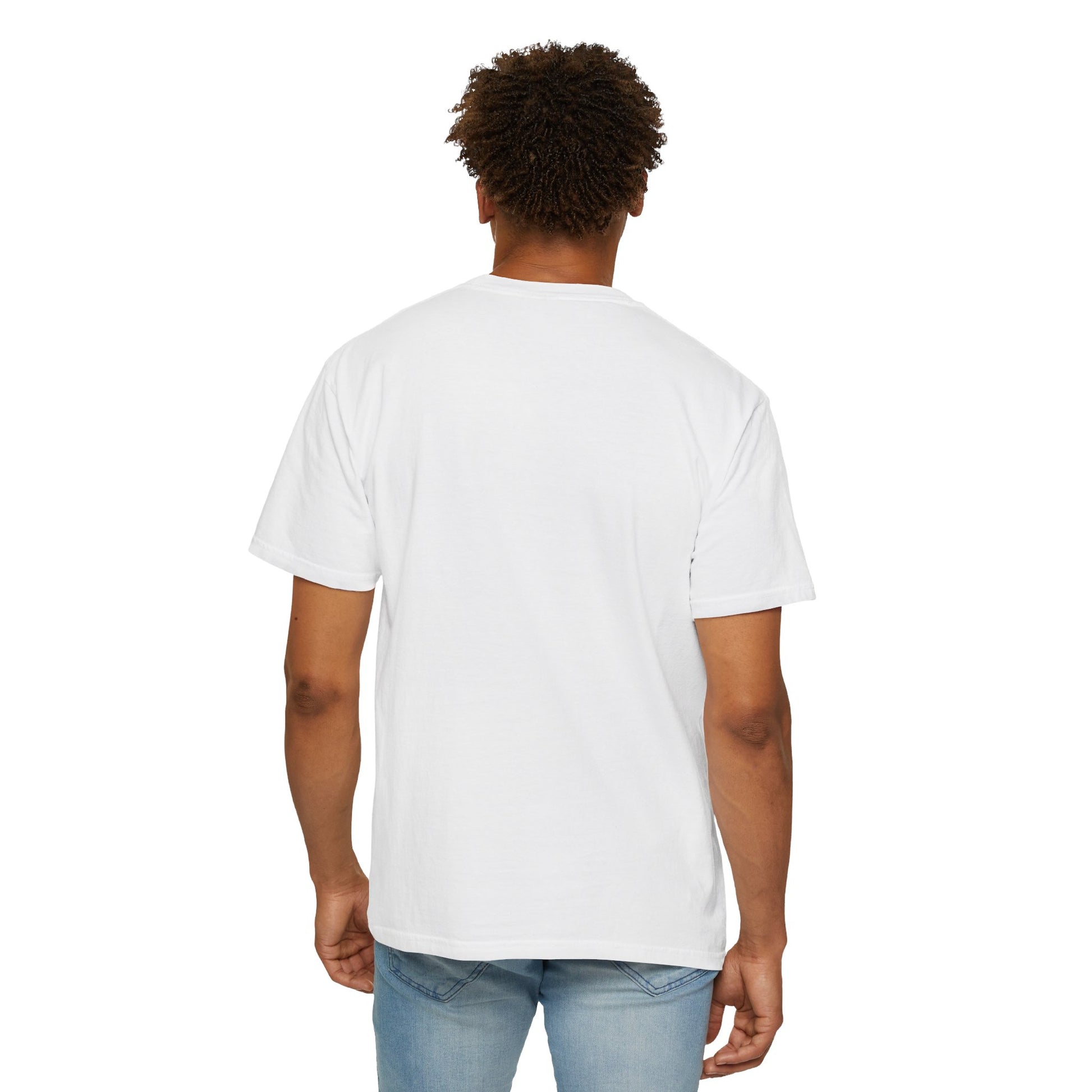 Rear facing model wearing Track Day White T-shirt