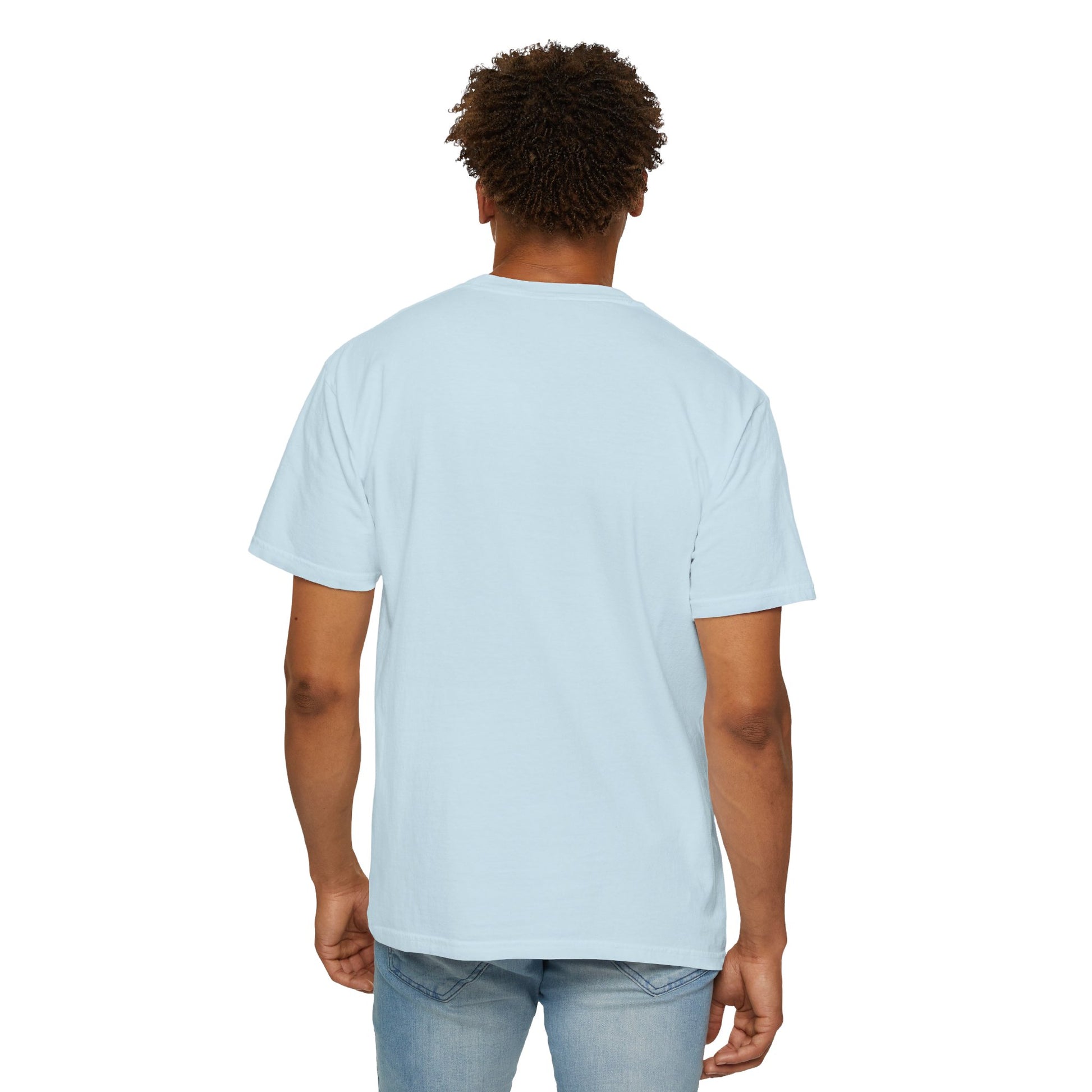 Rear facing model wearing Track Day Chambray T-shirt