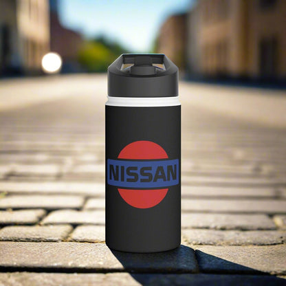 Front View of Black Vintage Nissan Logo Water Bottle on a brick pathway. Retro Nissan Logo.