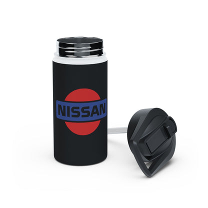 Opened View of Black Vintage Nissan Water Bottle. Retro Car Accessories for Nissan Enthusiasts.