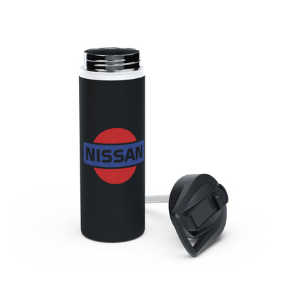 Opened View of Black Vintage Nissan Water Bottle. Retro Nissan Logo on Water Bottle
