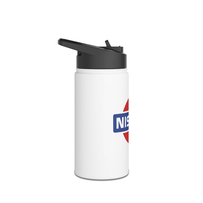 Left View of White Vintage Nissan Water Bottle. Custom Car Logo Water Bottle