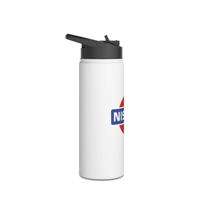 Left View of White Vintage Nissan Water Bottle. Custom Car Logo Water Bottle