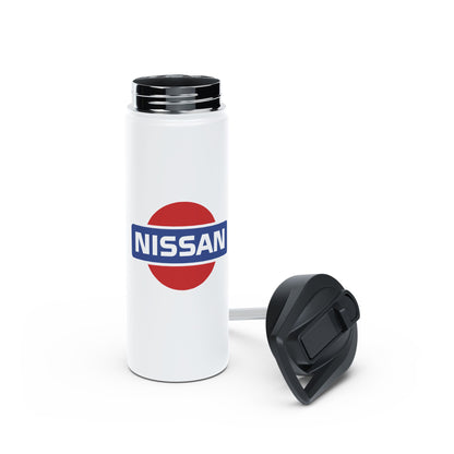 Opened View of White Vintage Nissan Water Bottle. Retro Car Accessories for Nissan Owners.