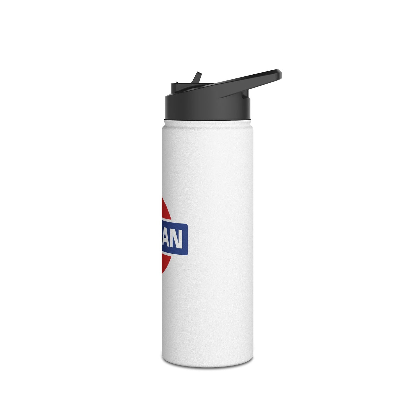 Right View of White Vintage Nissan Water Bottle. Water Bottle with Classic Nissan Design