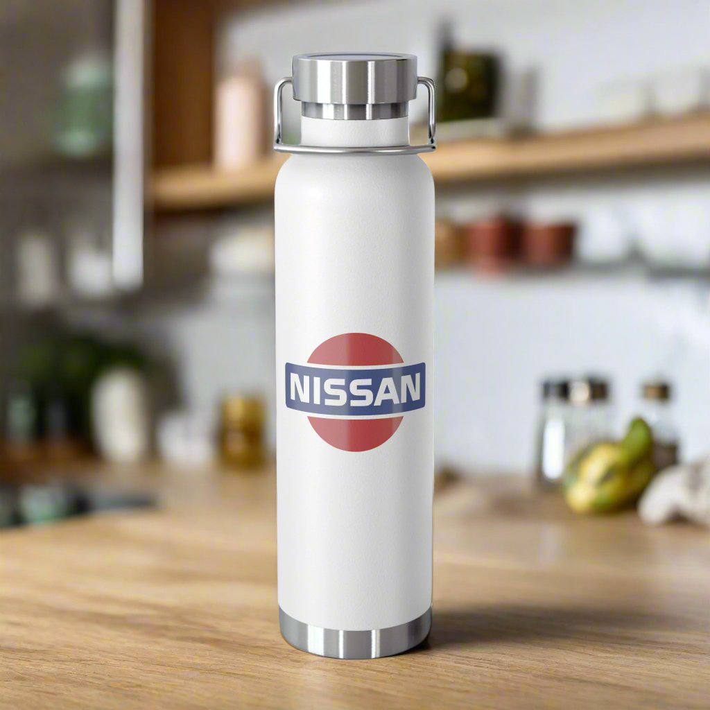 Front View of White Vintage Nissan Logo Water Bottle in a kitchen. Unique Gifts for Nissan Fans.