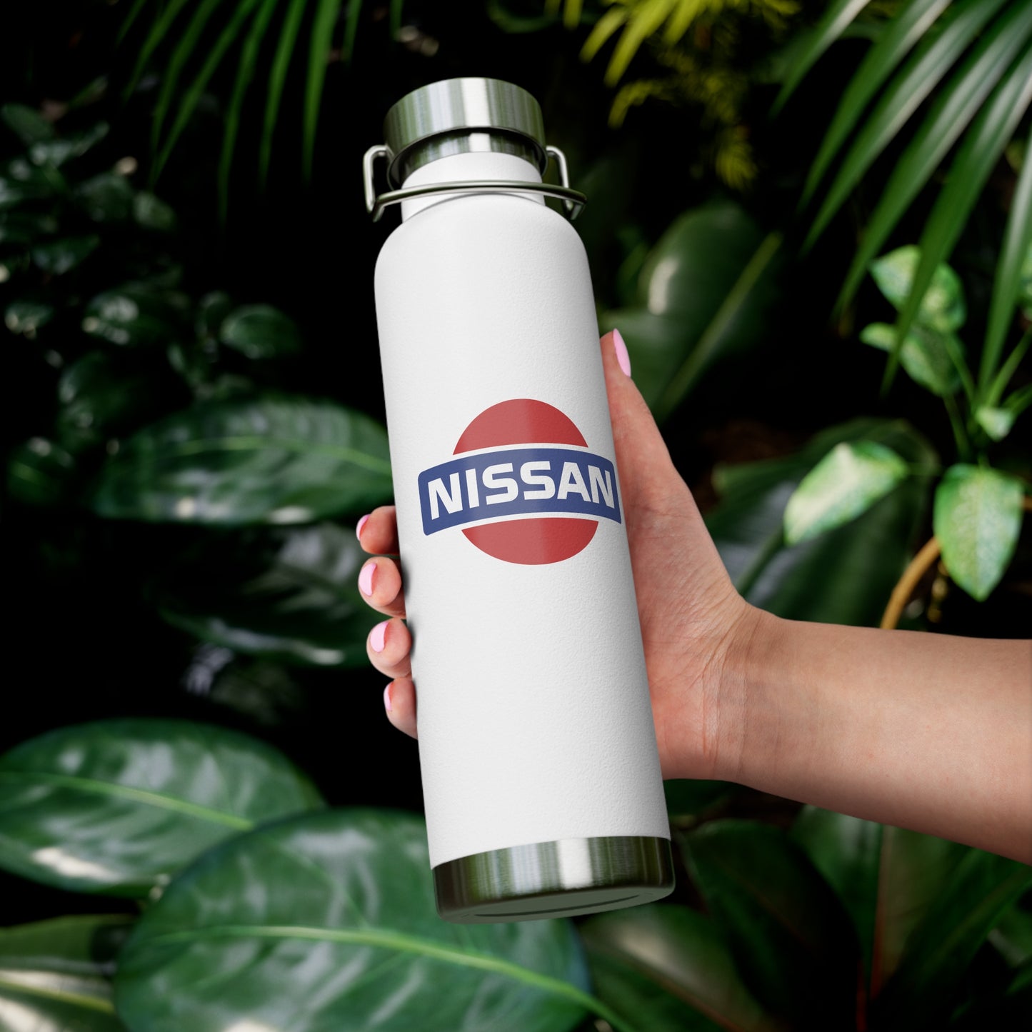 Female Human Claw holding the Nissan Water bottle. Retro Car Drinkware