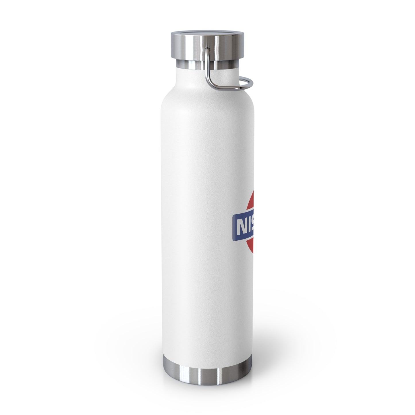 Left View of White Vintage Nissan Water Bottle. Nissan Collectible Water Bottle. 