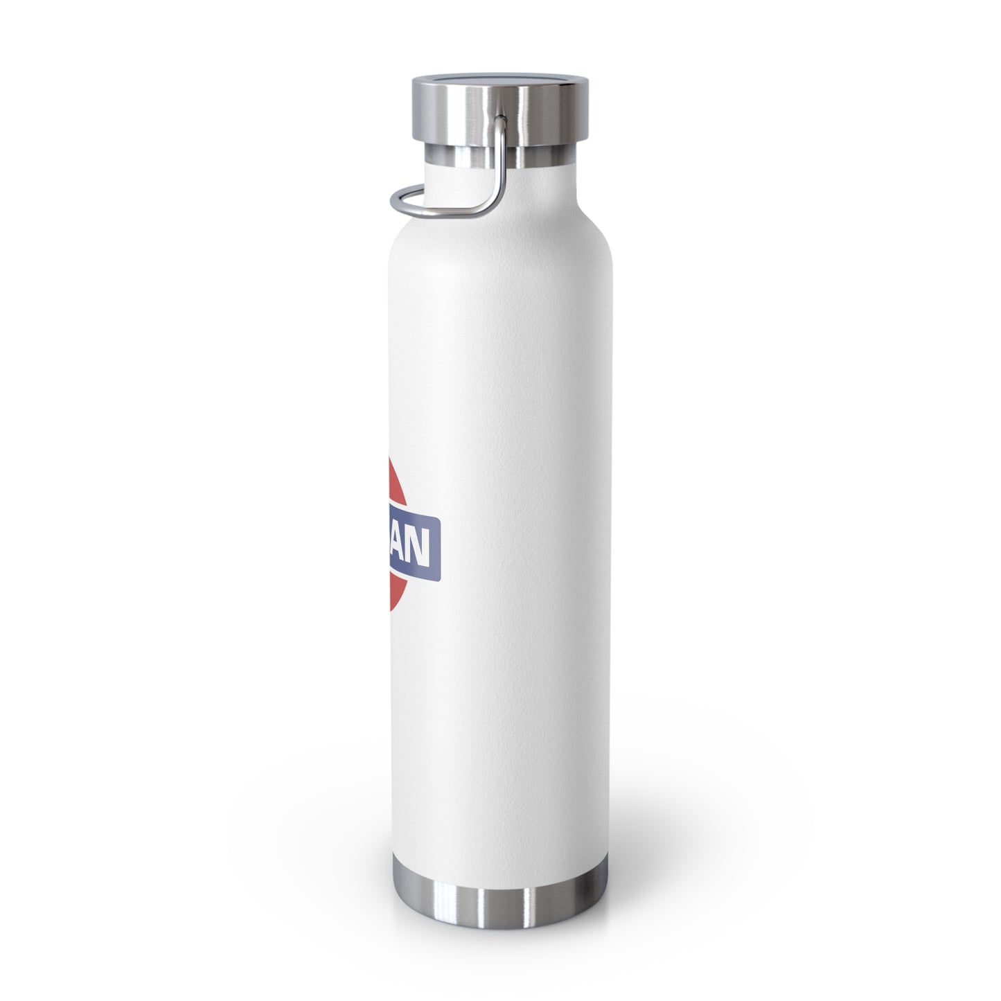 Right View of White Vintage Nissan Water Bottle.  Vacuumed insulated Nissan Water Bottle