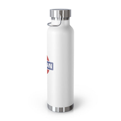 Right View of White Vintage Nissan Water Bottle.  Vacuumed insulated Nissan Water Bottle