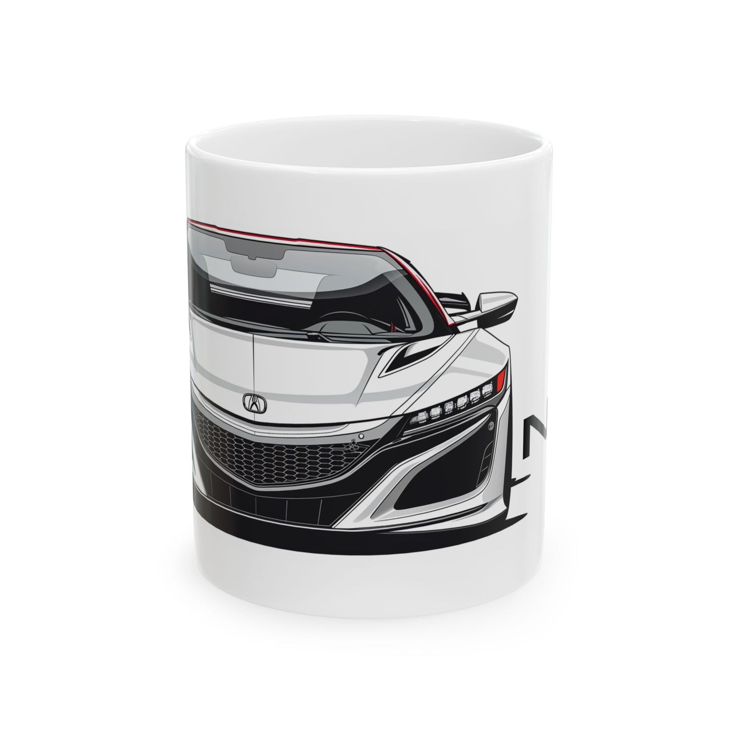 11oz White Coffee Mug with an Acura NSX with the NSX emblem placed beside the car. 