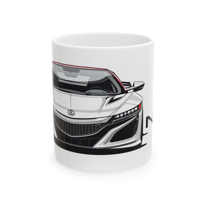 11oz White Coffee Mug with an Acura NSX with the NSX emblem placed beside the car. 