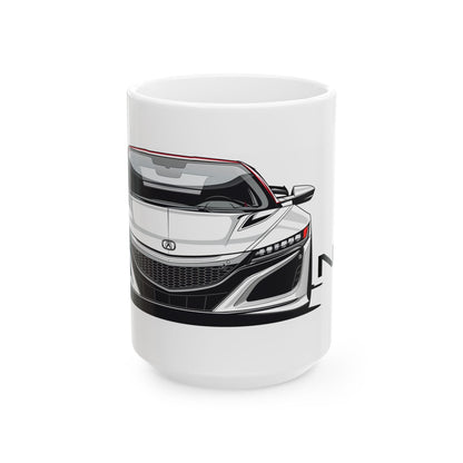 15oz White Coffee Mug with an Acura NSX with the NSX emblem placed beside the car.   