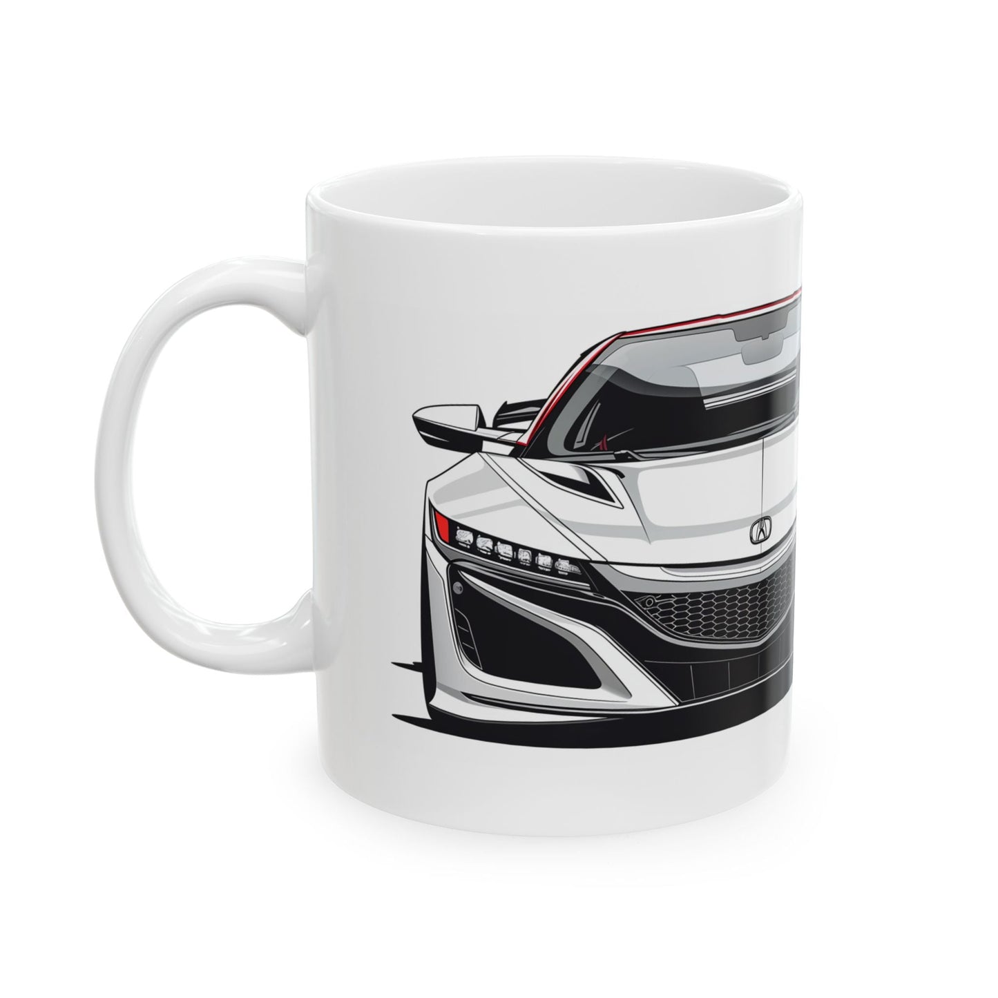 Left view of 11oz White Coffee Mug with an Acura NSX with the NSX emblem placed beside the car.    