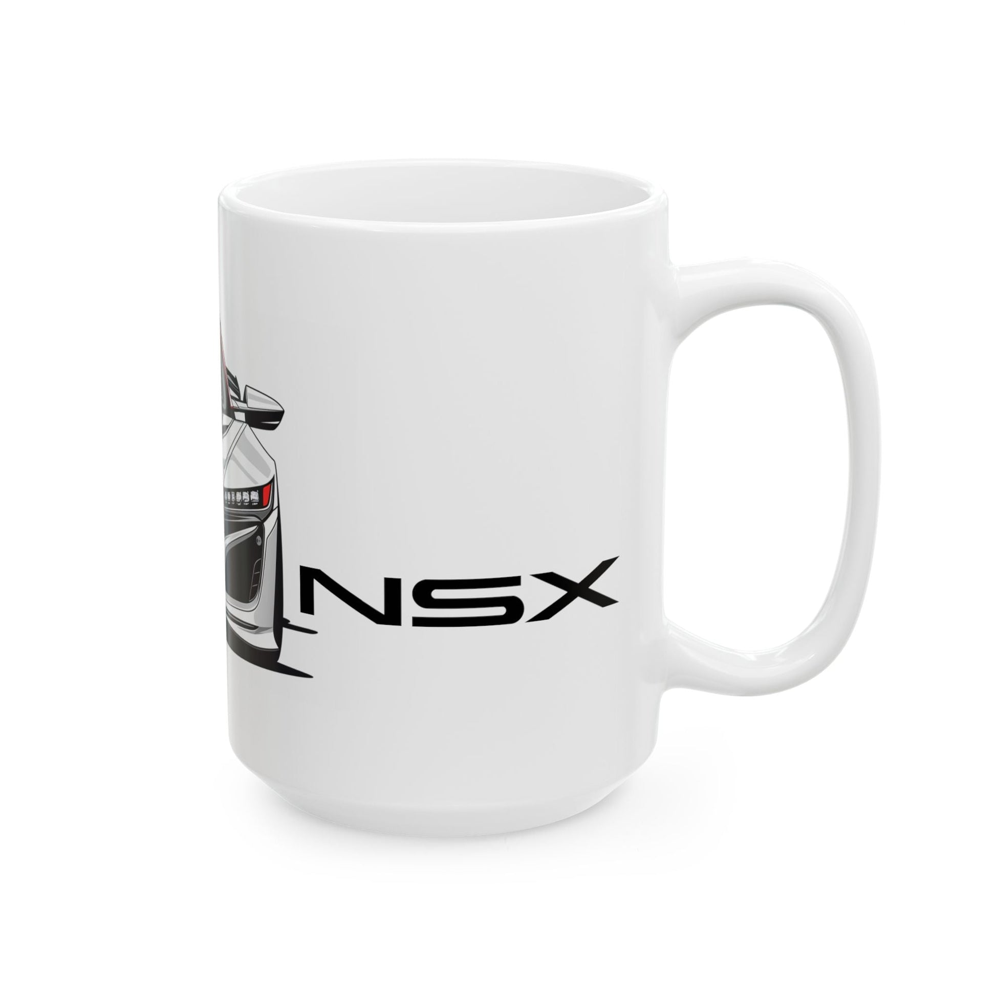 Right side view of the 15oz White Coffee Mug with an Acura NSX with the NSX emblem placed beside the car. 