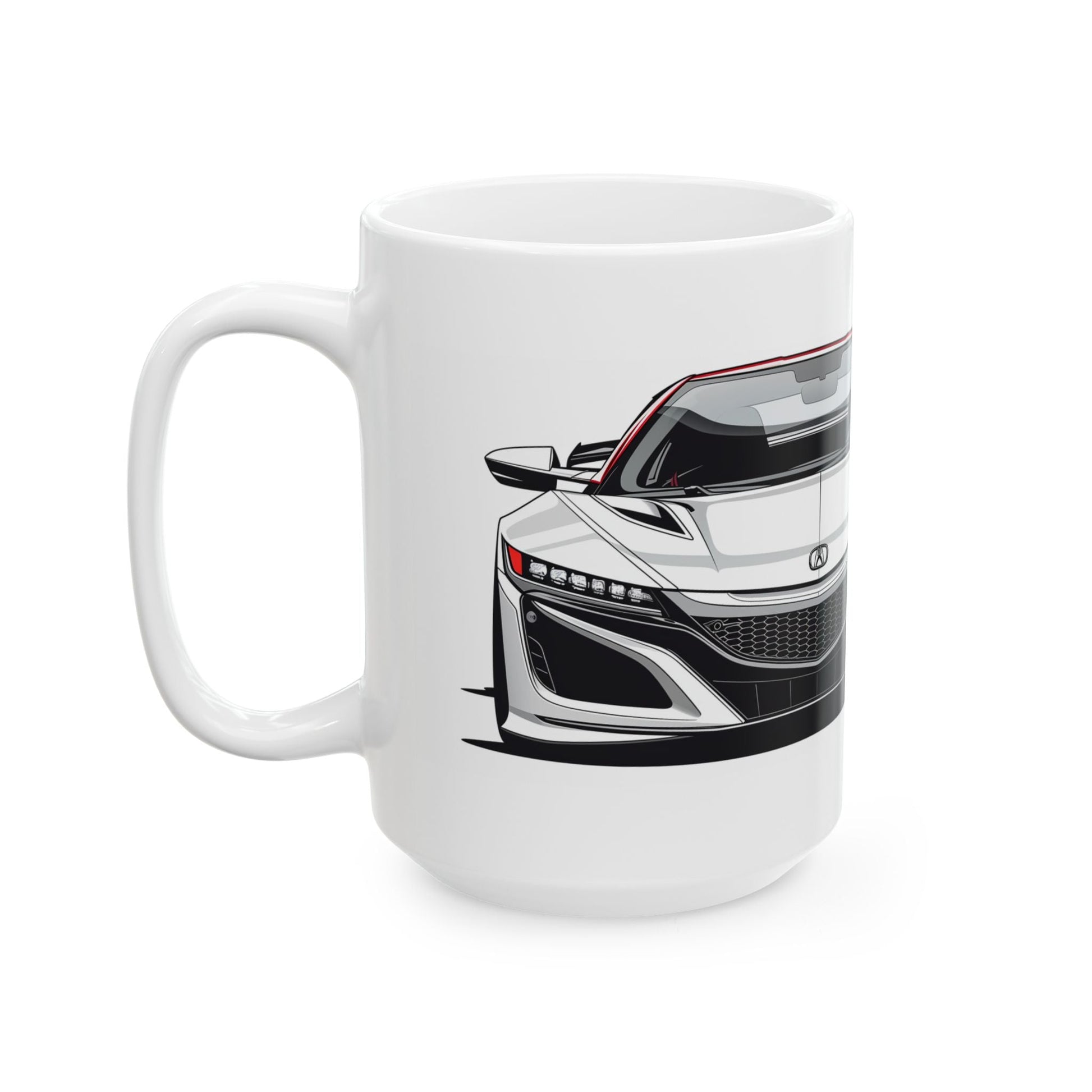 Left side view of the 15oz White Coffee Mug with an Acura NSX with the NSX emblem placed beside the car.  