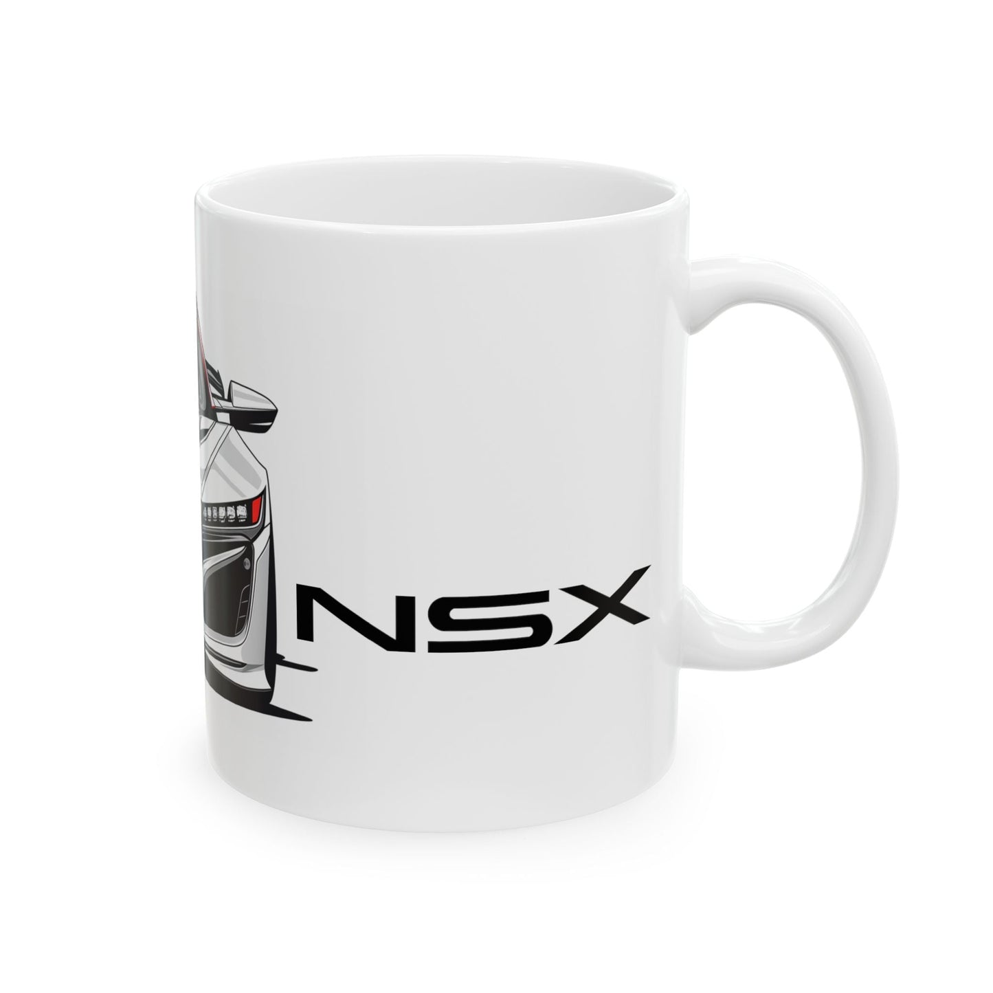 Right view of the 11oz White Coffee Mug with an Acura NSX  with the NSX emblem placed beside the car.  