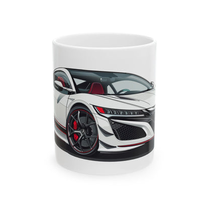 11oz White Coffee Mug with an Acura NSX with the NSX emblem placed behind the car. 