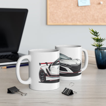 Lifestyle view of the 11oz White Coffee Mug with an Acura NSX with the NSX emblem placed behind the car.   