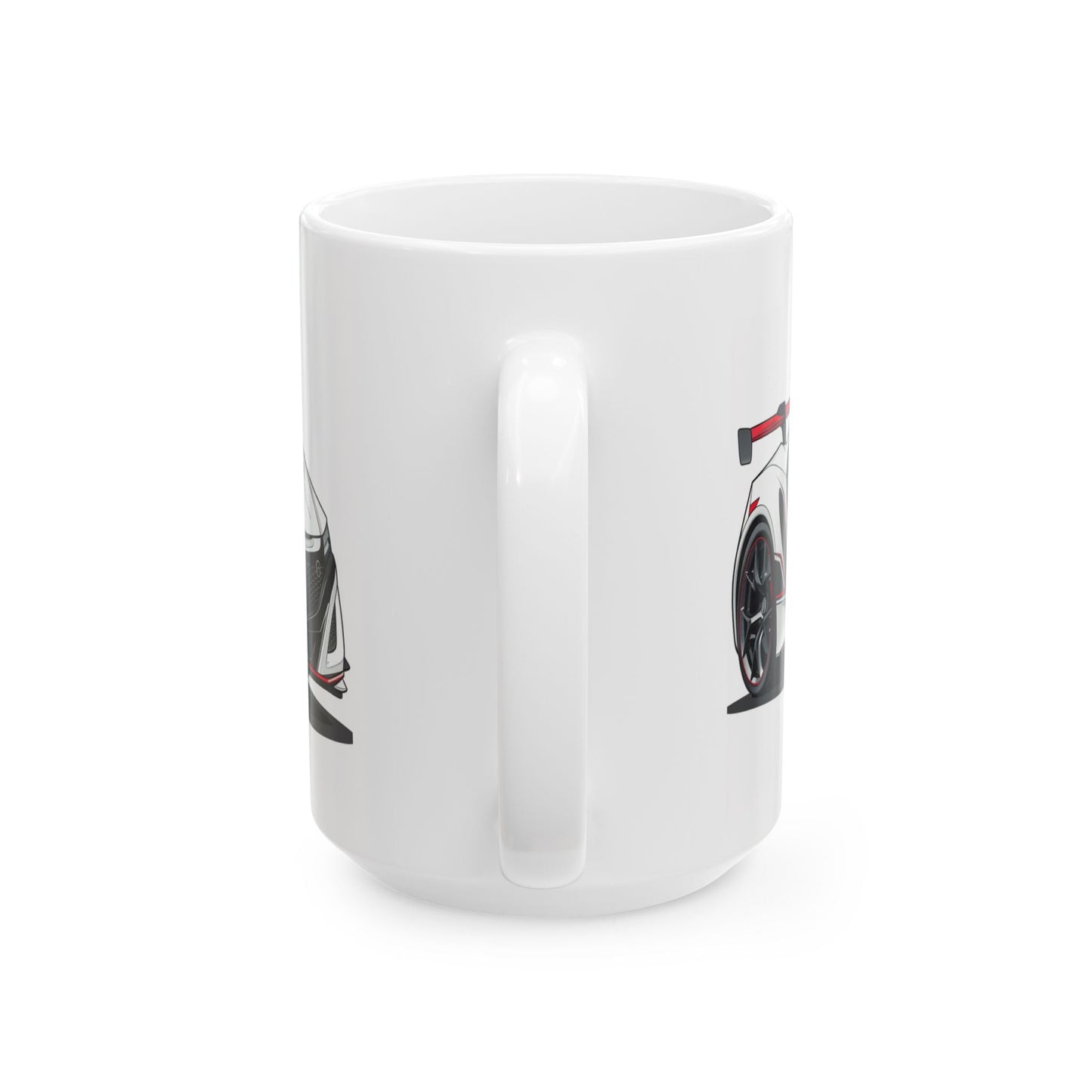 Mug handle view of 15oz White Coffee Mug with an Acura NSX with the NSX emblem placed behind the car.   