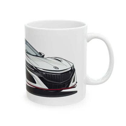 Right view of the 11oz White Coffee Mug with an Acura NSX  with the NSX emblem placed behind the car.  