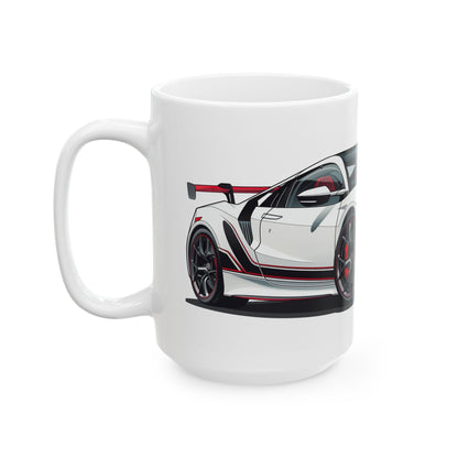 Left side view of the 15oz White Coffee Mug with an Acura NSX with the NSX emblem placed behind the car.  