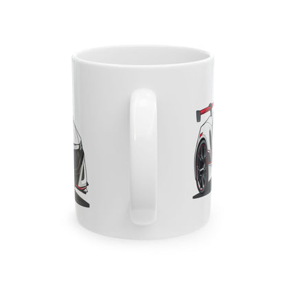 Mug handle view of 11oz White Coffee Mug with an Acura NSX  with the NSX emblem placed behind the car.  