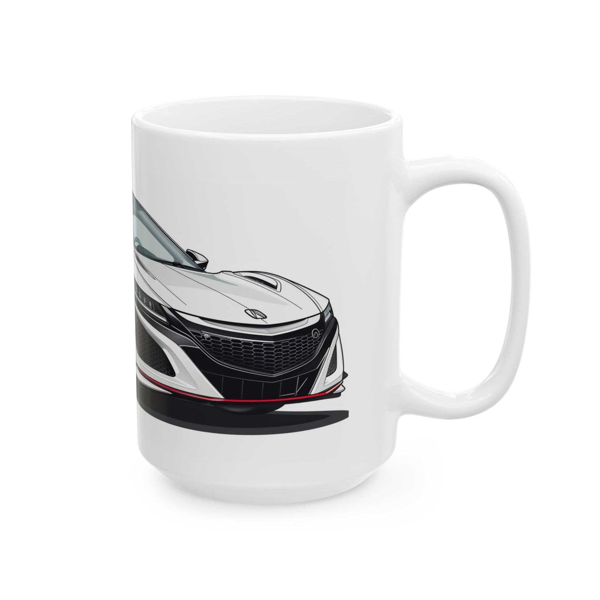 Right side view of the 15oz White Coffee Mug with an Acura NSX with the NSX emblem placed behind the car.  