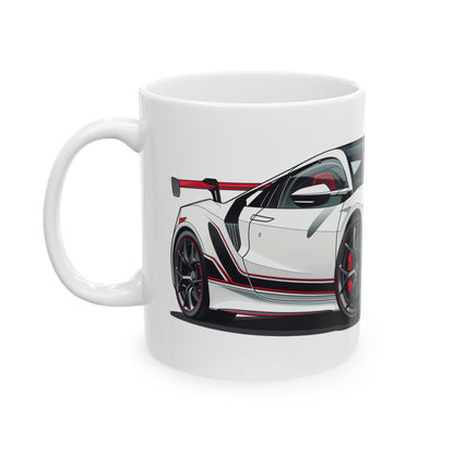 Left view of 11oz White Coffee Mug with an Acura NSX with the NSX emblem placed behind the car.    