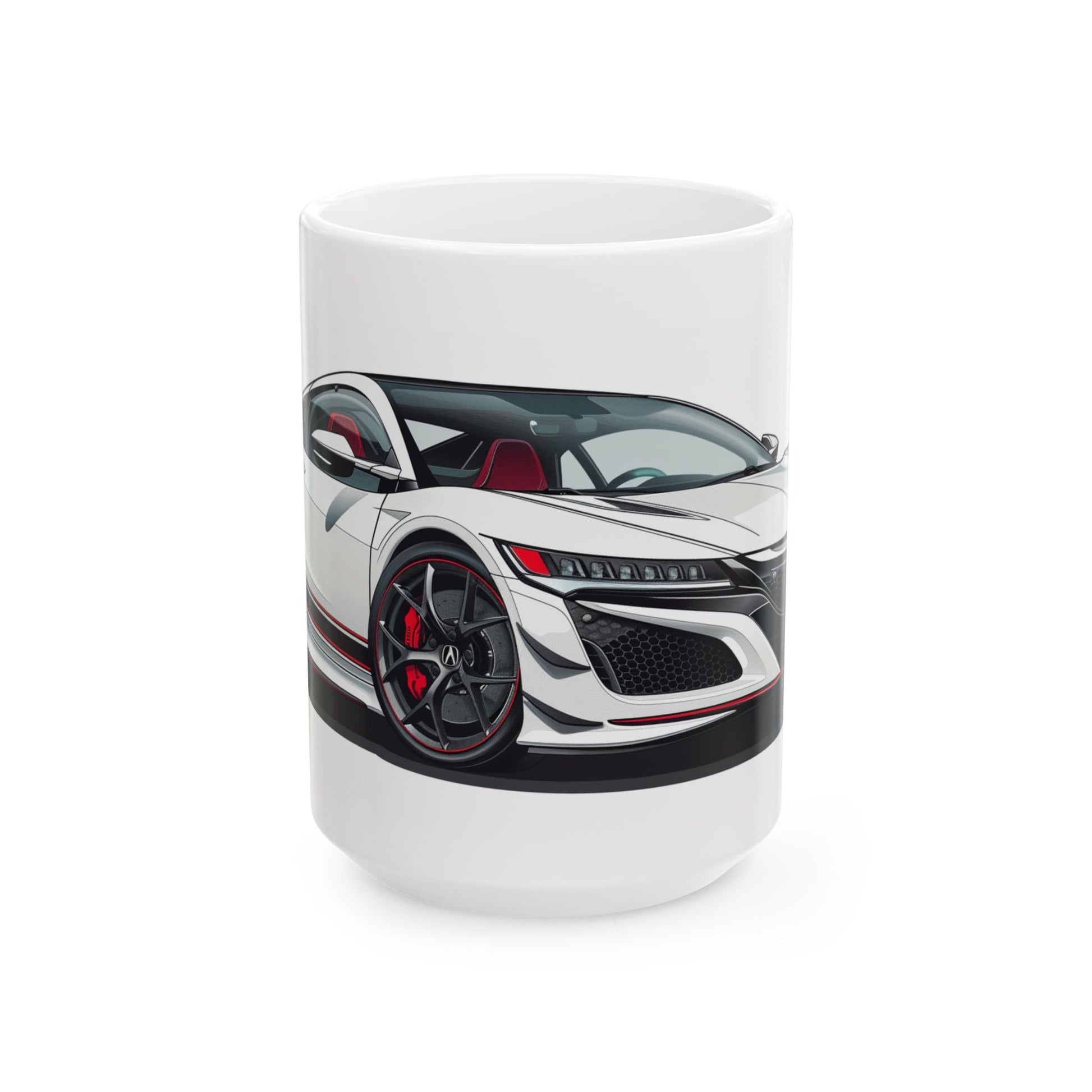 15oz White Coffee Mug with an Acura NSX with the NSX emblem placed behind the car.   