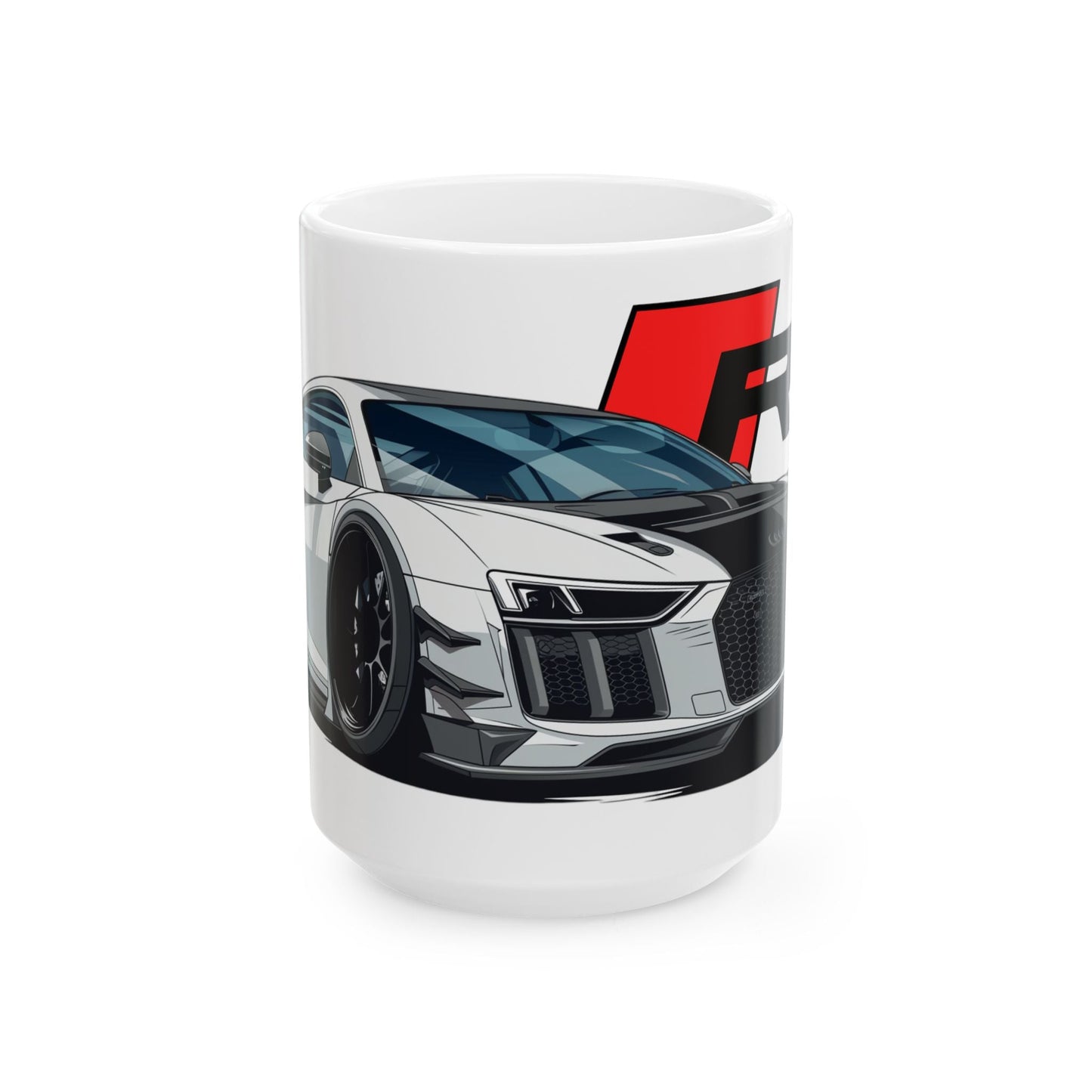 15oz White Coffee Mug with an Audi R8 with the R8 emblem placed behind the car.   