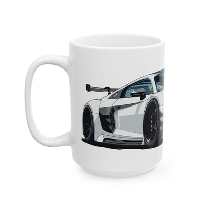 Left side view of the 15oz White Coffee Mug with an Audi R8 with the R8 emblem placed behind the car. 