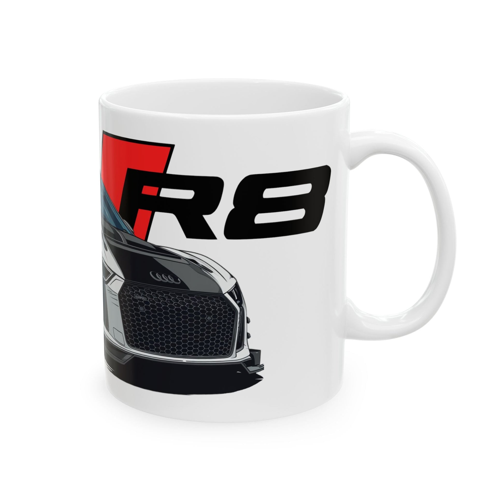 Right view of the 11oz White Coffee Mug with an Audi R8 with the R8 emblem placed behind the car. 