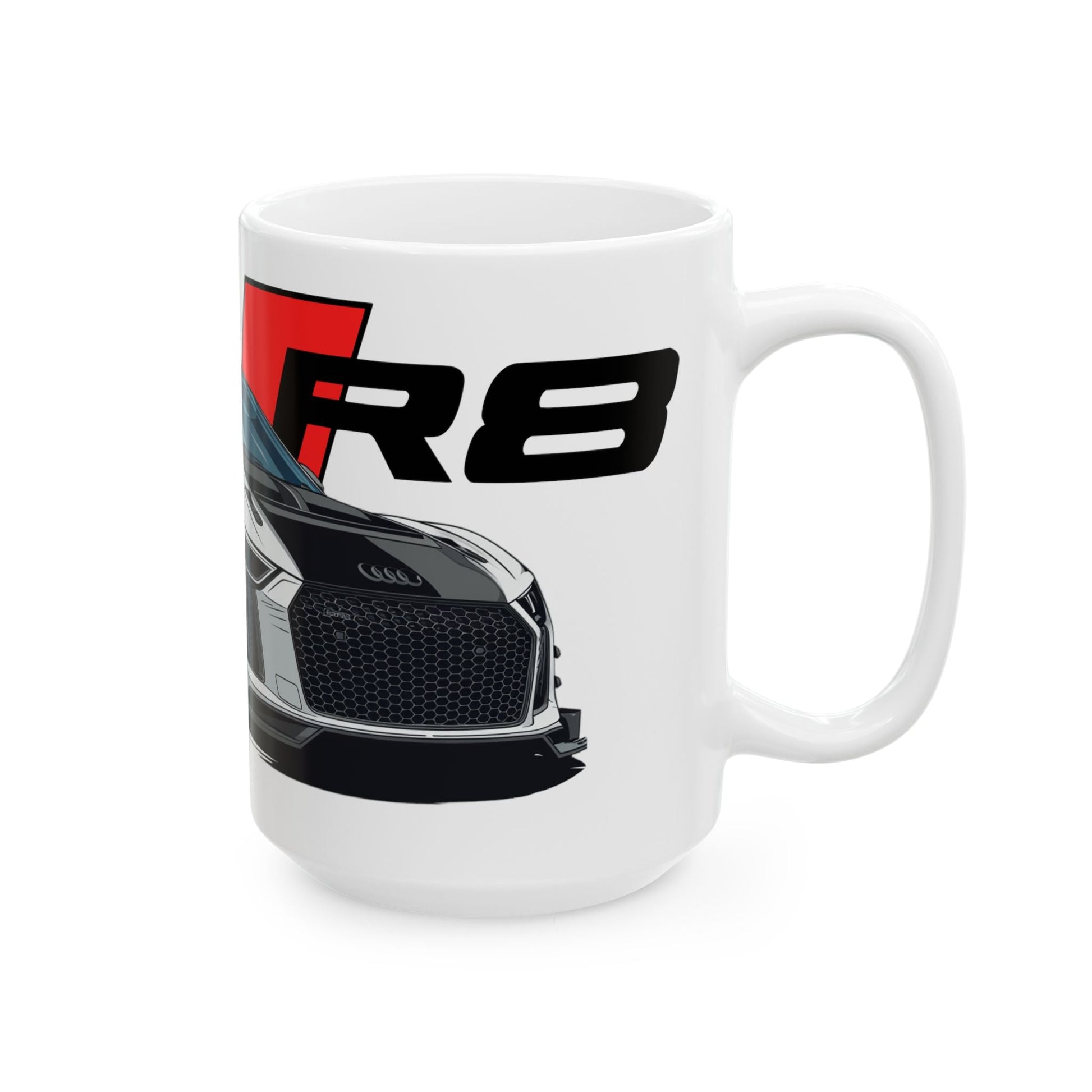 Right side view of the 15oz White Coffee Mug with an Audi R8 with the R8 emblem placed behind the car. 