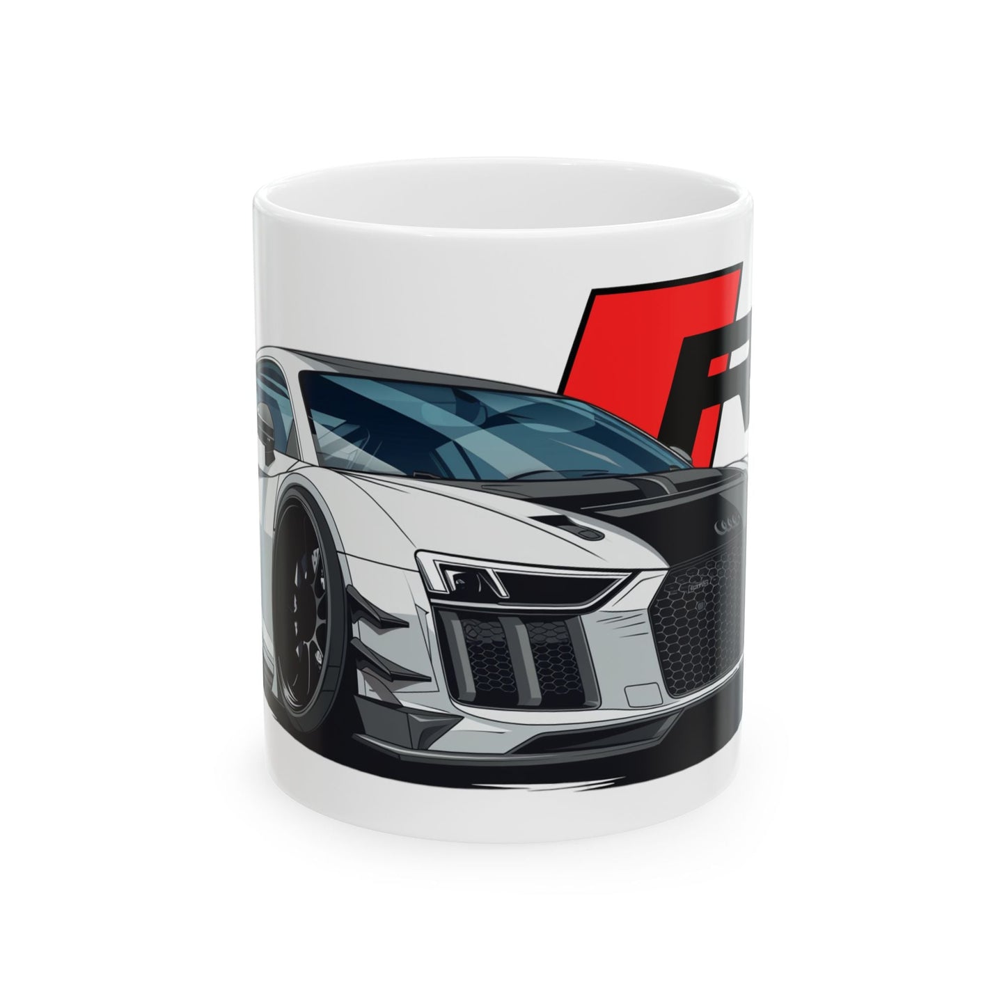 11oz White Coffee Mug with an Audi R8 with the R8 emblem placed behind the car. 