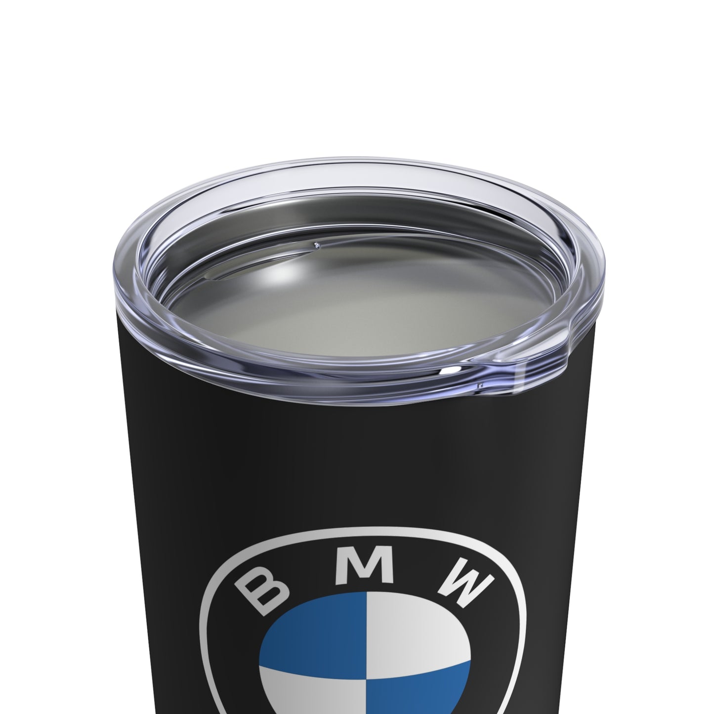 Top view of the Black BMW tumbler showing the leak-proof lid.