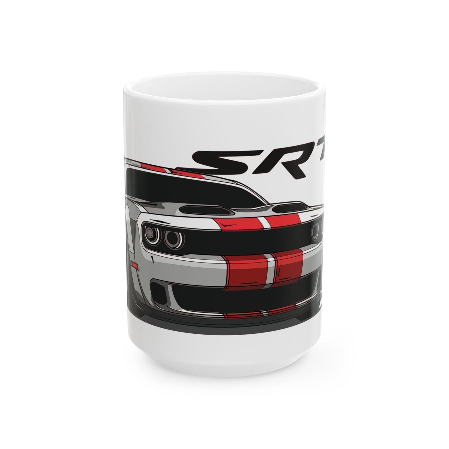 15oz White Coffee Mug with a Challenger SRT with the SRT emblem placed behind the car.   