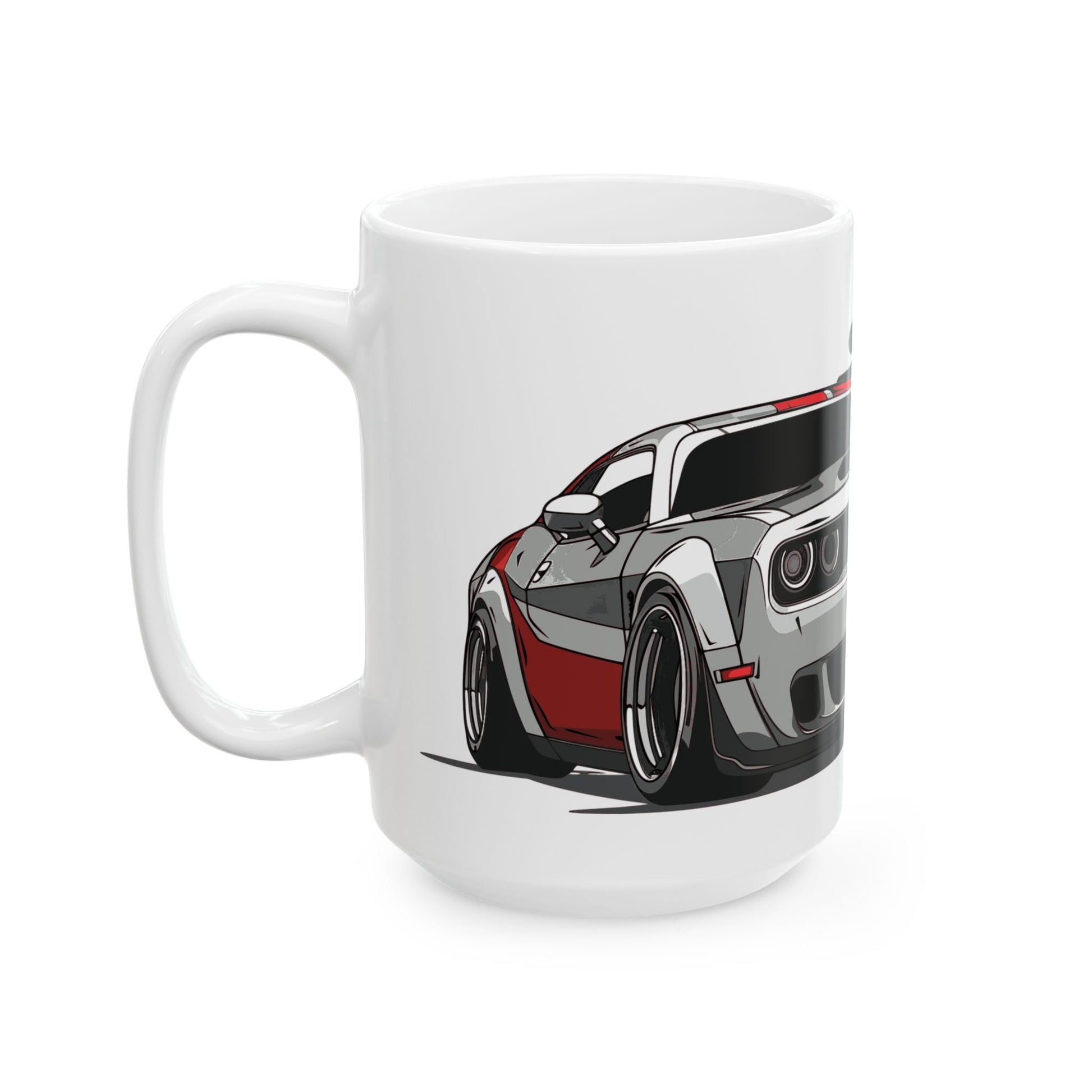 Left side view of the 15oz White Coffee Mug with a Challenger SRT with the SRT emblem placed behind the car. 