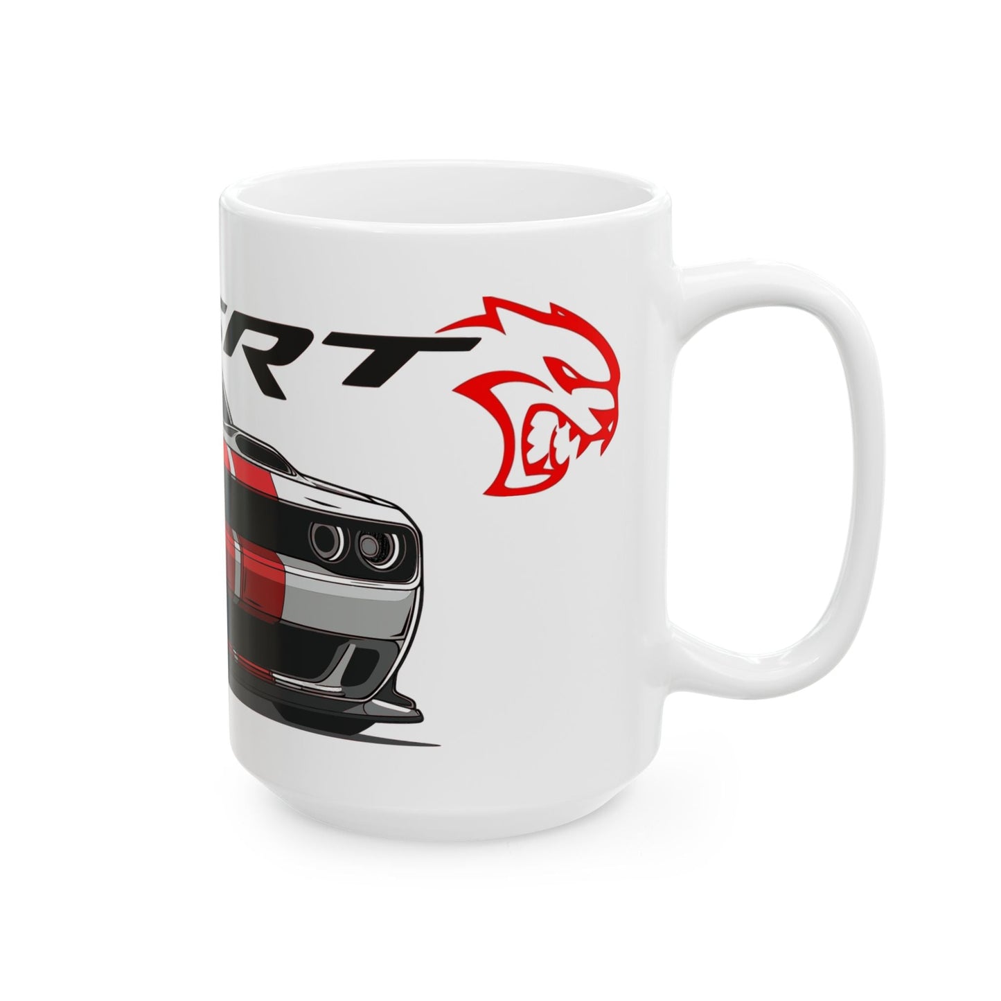 Right side view of the 15oz White Coffee Mug with a Challenger SRT with the SRT emblem placed behind the car. 